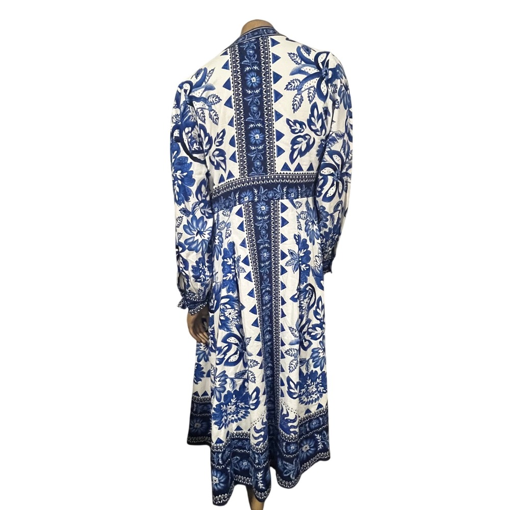 Caroline Constas Blue White Floral Geometric Print Midi Kimono Dress | Sze M NEW - Picture 5 of 6
